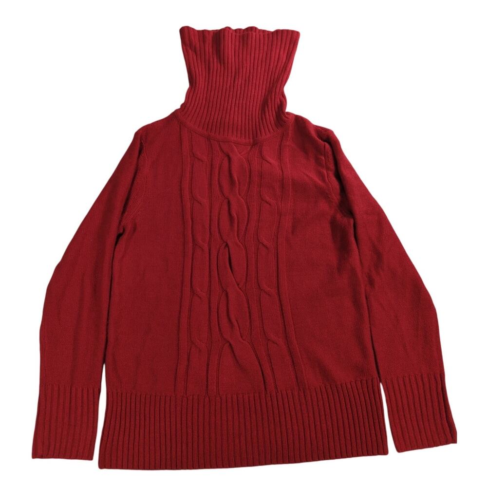 Basic Editions Sweater L Red Cable Knit Chunky Turtleneck Pullover Acrylic